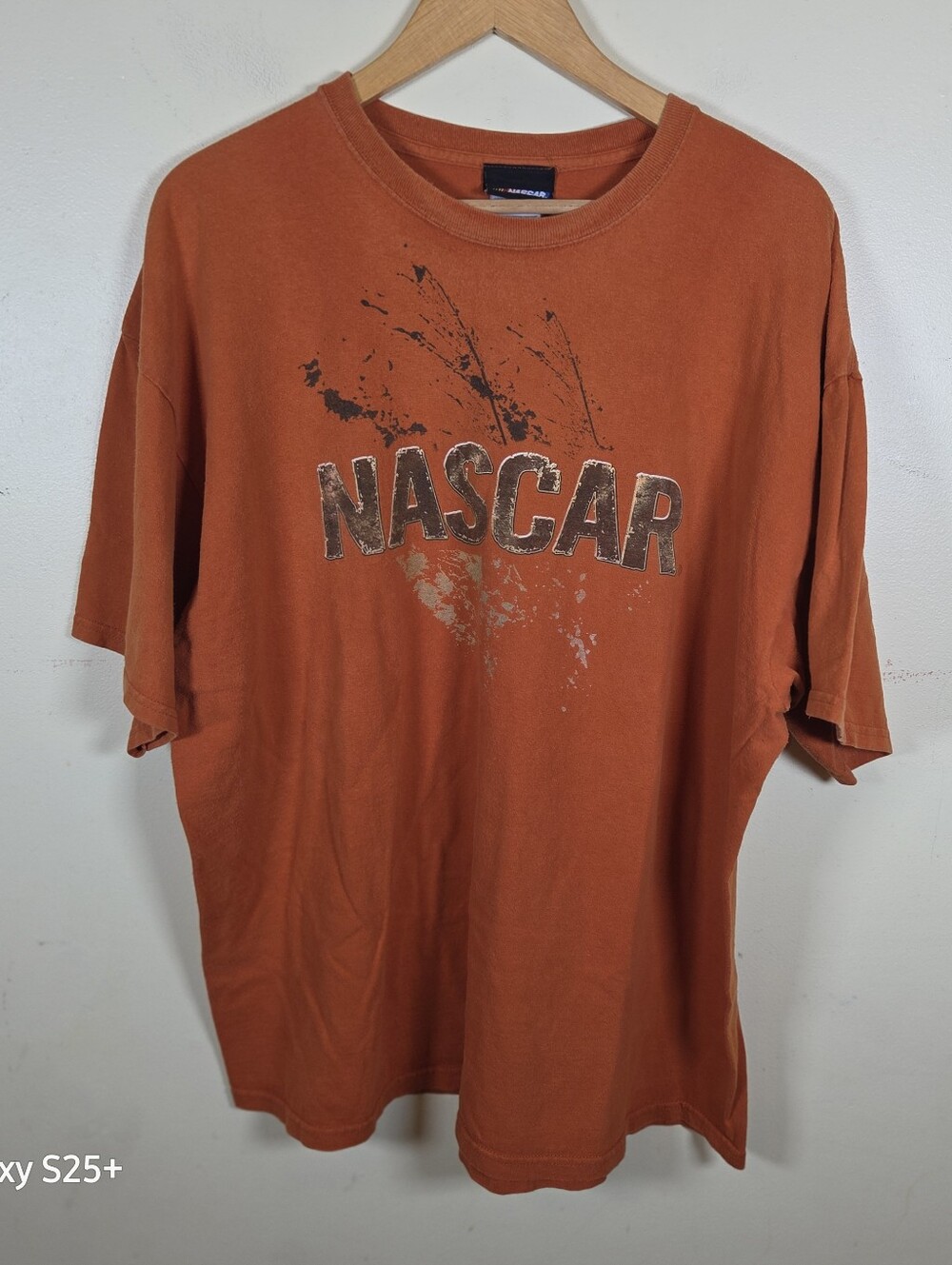 Vintage NASCAR Orange T-Shirt distressed splatter-style logo 2XL